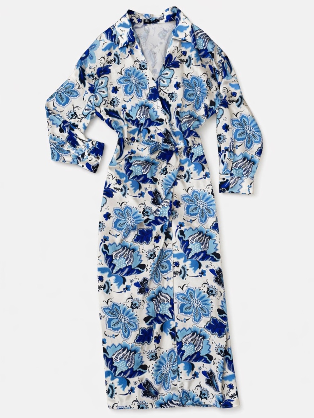 Zara Blue and White Floral Print Midi wrap Dress New